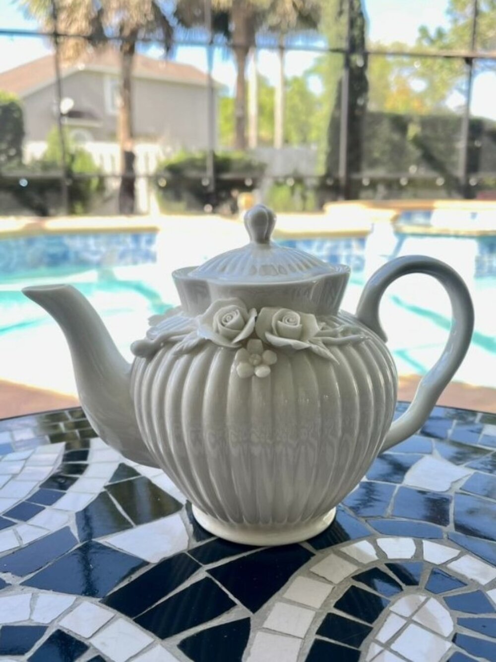 Godinger White Ceramic Floral Teapot Cottage Chic Decor - Picture 3 of 10